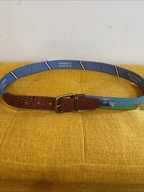 Men's Brown Leather-Trim Blue Patterned Belt by Doc Murphy golf attire🍀🍀